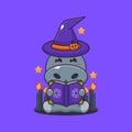 Witch hippo reading spell book. Cute halloween cartoon illustration. Royalty Free Stock Photo