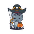 Pirates hippo in halloween day. Cute halloween cartoon illustration.