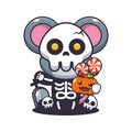 Cute mouse with skeleton costume holding halloween pumpkin. Royalty Free Stock Photo