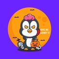 Zombie penguin want candy. Cute halloween cartoon illustration. Royalty Free Stock Photo