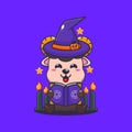 Witch ram sheep reading spell book. Cute halloween cartoon illustration. Royalty Free Stock Photo