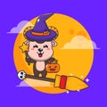 Witch ram sheep fly with broom in halloween night. Cute halloween cartoon illustration. Royalty Free Stock Photo