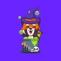 Witch red panda making potion in halloween day. Cute halloween cartoon illustration.