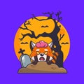 Zombie red panda rise from graveyard in halloween day.