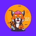 Zombie red panda want candy. Cute halloween cartoon illustration.