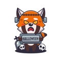 Zombie red panda holding halloween greeting stone. Cute halloween cartoon illustration.