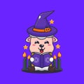 Witch sheep reading spell book. Cute halloween cartoon illustration. Royalty Free Stock Photo