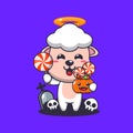 Cute angel sheep holding candy in halloween day.