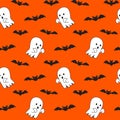 Cute halloween ghost and bat seamless pattern on orange background