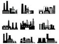 Set of Industry business buildings. Industrial warehouse, manufacturing factory and factories exterior silhouettes