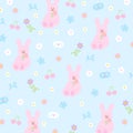 Pink bunny, flowers and cherry on a pastel blue background for cute easter wallpaper, rabbit backdrop, pet template
