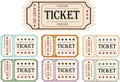 Retro tickets. Vintage cinema ticket concert and festival event, movie theater coupon