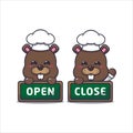 Cute chef beaver with open and close sign board. Royalty Free Stock Photo