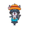 Cool raccoon with sunglasses riding a motorcycle in summer day.