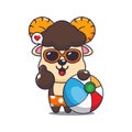 Cute ram sheep in sunglasses with beach ball cartoon illustration.