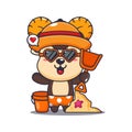 Cute ram sheep in sunglasses play sand beach cartoon illustration.