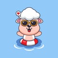 Cute sheep in sunglasses swimming on beach.