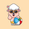 Cute sheep in sunglasses with beach ball cartoon illustration.