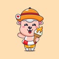 Cute sheep with ice cream on beach cartoon illustration.