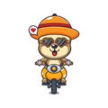 Cool sloth with sunglasses riding a motorcycle in summer day.