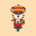 Cool tiger with sunglasses riding a motorcycle in summer day