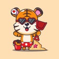 Cute tiger in sunglasses play sand beach cartoon illustration.