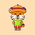 Cute tiger drink fresh coconut cartoon illustration. Royalty Free Stock Photo