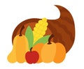 Thanksgiving Day cornucopia full of harvest. Apple, pumpkins and corn. Happy Harvest. Vector flat illustration. Royalty Free Stock Photo