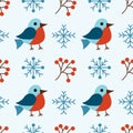 Christmas winter seamless pattern with cute birds bullfinches, rowan berries, snowflakes. Vector flat background. Royalty Free Stock Photo