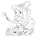 Halloween witch, pumpkins and treats. Vector black and white coloring page. Royalty Free Stock Photo