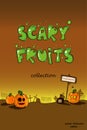 Cute scary fruit collection as Halloween monsters. Cartoon character for your food and halloween design. Healthy food concept. Royalty Free Stock Photo