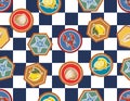 Colourful summer seamless pattern on Navy blue and white Chess Background with hand drawn Seashells, beach life elements