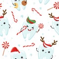 Christmas pattern witch cute molar teeth - funny hand drawn doodle, seamless pattern.