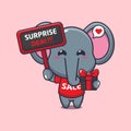 cute elephant with promotion sign and gift box in black friday sale cartoon vector illustration. Royalty Free Stock Photo