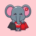 cute elephant with shopping bag in black friday sale cartoon vector illustration.