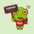 cute frog with promotion sign and gift box in black friday sale cartoon vector illustration.