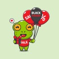 cute frog with gifts and balloons in black friday sale cartoon vector illustration.