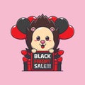 cute hedgehog happy in black friday sale cartoon vector illustration.