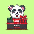 cute panda with cashier table in black friday sale cartoon vector illustration.