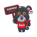 cute panther with promotion sign and gift box in black friday sale cartoon vector illustration. Royalty Free Stock Photo