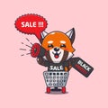 cute red panda in shopping cart is promoting black friday sale with megaphone cartoon vector illustration. Royalty Free Stock Photo