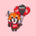 cute red panda with gifts and balloons in black friday sale cartoon vector illustration.