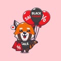 cute red panda with shopping bag and balloon at black friday sale cartoon vector illustration.