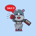 cute rhino in shopping cart is promoting black friday sale with megaphone cartoon vector illustration. Royalty Free Stock Photo