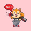 cute squirrel in shopping cart is promoting black friday sale with megaphone cartoon vector illustration.