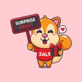 cute squirrel with promotion sign and gift box in black friday sale cartoon vector illustration. Royalty Free Stock Photo