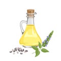 Chia seed oil in glass bottle, flowering plant and heap of seeds isolated Royalty Free Stock Photo