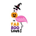 Fab Boo Lous - funny flamingo in witch hat and with candy, Jack o lantren and spider.