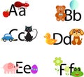 ABC cartoon alphabet with animals, flowers and symbols