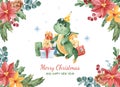 Watercolor Merry Christmas ready to use greeting card with branches,leaves,berries, poinsettia and cute cartoon dragon. Royalty Free Stock Photo